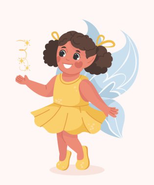 Mavi kanatlı, kıvırcık saçlı, gülümseyen ve parıldayan parlak arkaplanlı parlak sarı elbiseli neşeli peri kız. Büyülü çocukluk kavramı. Vektör illüstrasyonu