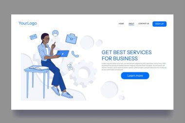 İş kadını masasında otururken tablet kullanıyor, servis simgeleriyle çevrili, düz grafik tarzda, beyaz arkaplanda. Dijital iş çözümleri kavramı. Vektör illüstrasyonu