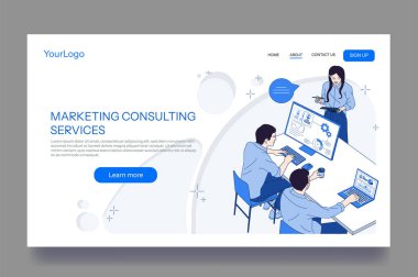 Modern ofis, düz grafik tarzı, beyaz arka planda dijital cihazlar kullanarak pazarlama danışmanlık hizmetleri üzerinde çalışan iş ekibi. Takım çalışması kavramı. Vektör illüstrasyonu