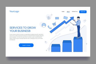 İş temalı iniş sayfasında elinde tablet olan beyaz arka planda ikonlar ve yükselen oklarla çevrili bir adam var. Vektör illüstrasyonu