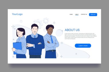 Farklı iş adamlarından oluşan bir grup beyaz soyut bir arka planda, düz grafik tarzda birlikte duruyorlar. Takım çalışması ve şirket profili kavramı. Vektör illüstrasyonu
