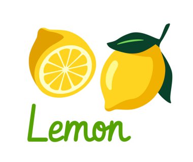 Yeşil yapraklı tam limon ve beyaz arka planda çizgi film tarzında dilimlenmiş limon. Turunçgil meyvesi kavramı, sağlıklı yiyecek. Vektör illüstrasyonu
