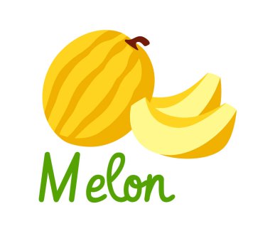 Tamamen sarı kavun ve beyaz arka planda düz renkli grafik şeklinde dilimlenmiş parçalar. Sağlıklı tropikal meyve kavramı. Vektör illüstrasyonu