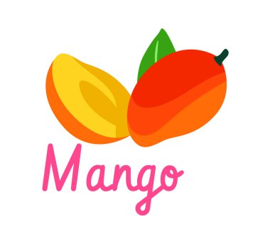 Renkli ve dilimlenmiş mango. Düz beyaz arka planda çizgi film şeklinde yaprak var. Tropikal meyve ve sağlıklı yemek kavramı. Vektör illüstrasyonu