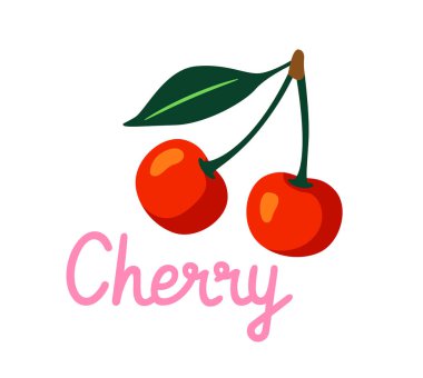 İki parlak kırmızı kiraz, yeşil yapraklı ve kahverengi saplı, düz çizgi film stili, temiz beyaz arka planda. Meyve, yaz ve tazelik kavramı. Vektör illüstrasyonu