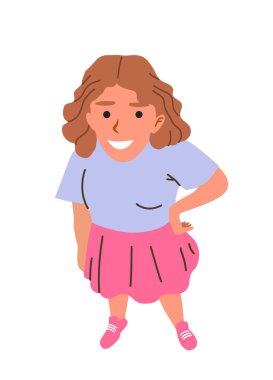 Kıvırcık saçlı, mor gömlekli, pembe etekli, beyaz arka planda güvenle gülümseyen neşeli çizgi film kızı. Çocukluk ve neşe kavramı. Vektör illüstrasyonu