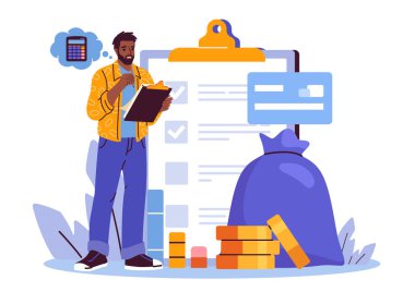 Finansal analist. Altın sikkelerin yanında panosu olan bir iş adamı. Bütçe ve muhasebe, hesaplama. Analizci masrafları ve gelirleri değerlendiriyor. Düz vektör illüstrasyonu