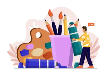 Boyalı bir sanatçı. Boyaların, fırçaların ve paletin yanındaki adam. Yetenekli sanatçılar için ekipman. Yaratıcılık ve sanat. Stüdyoda ya da atölyede ressam. Düz vektör illüstrasyonu