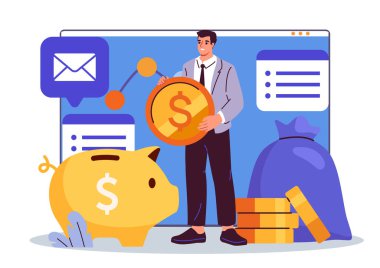 Ekonomi Fakültesi. Kumbaranın yanındaki altın paralı adam. Finansal okuryazarlık ve tasarruf. Eğitim ve eğitim. Çevrimiçi rota ya da webinar. Düz vektör illüstrasyonu