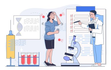 Bağışıklık bilimcinin hastası. Tıp üniformalı adam hasta kadına yardım ediyor. Teşhis ve tedavi. Uzman doktorla randevum var. Viroloji ve bağışıklık bilimi. Doğrusal vektör çizimi