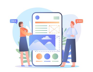 Mobil uygulama geliştirme. Kadın ve erkek akıllı telefon için mobil uygulama geliştirir. Ön yüz geliştiricileri web sitesi için UI ve UX tasarımı geliştirirler. Grafik tasarımcılarından oluşan takım. Düz vektör illüstrasyonu