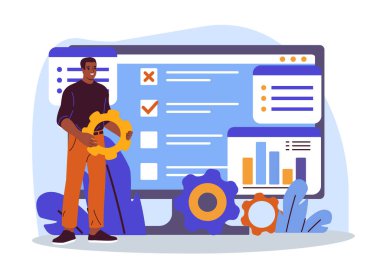 Web geliştirme adamı. İş adamı çevrimiçi platform geliştirir. Kullanıcı web sitesi için UI ve UX tasarım elemanları oluşturur. Programcı ve ön uç geliştirici. Düz vektör illüstrasyonu