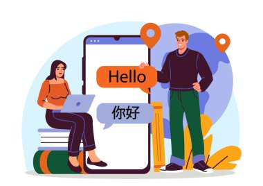 Çevrimiçi tercümanı olan insanlar. Kadın ve erkek akıllı telefonun yanında. Çift metni Çince 'den İngilizceye çevirir. Sosyal ağlarda uluslararası iletişim. Düz vektör illüstrasyonu