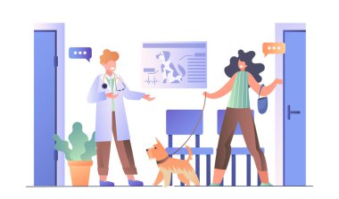 Veteriner kliniğindeki insanlar. Kadın, sağlık üniformalı bir adamı köpeğe getirdi. Uzmanlara danışıyorum. Evcil hayvanların teşhisi ve tedavisi. Düz vektör illüstrasyonu