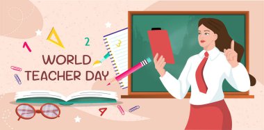 Dünya öğretmenler günü. Kara tahtanın yanında kitabı olan kadın. Uluslararası tatil 5 Ekim. Eğitim ve öğrenim. Öğretmen ders veriyor ya da ders veriyor. Düz vektör illüstrasyonu