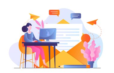 Bilgisayarlı bir kadın, uçan kağıt uçaklar, sohbet baloncukları ve beyaz arka planda düz renkli dev zarf elementleriyle çalışıyor. E-posta iletişimi kavramı. Vektör illüstrasyonu