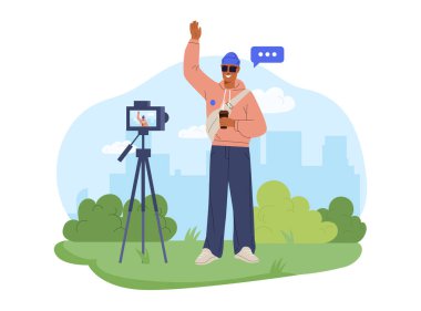 Genç bir vlogger, şehir parkında kamerayla kendini çekerken el sallıyor, günlük kıyafetler giyiyor ve kahve tutuyor. Vektör illüstrasyonu