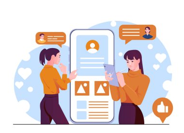İki kadın tablet ve akıllı telefon kullanarak dijital profil arayüzü, konuşma baloncukları ve sosyal simgelerle etkileşimde bulunuyor. Sosyal medya ve çevrimiçi iletişim kavramı. Vektör illüstrasyonu