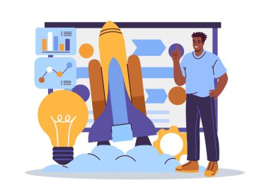 Roket ve grafiklerin yanında duran adam, beyaz arka planda ampul ve grafikler gibi soyut elementlerle iş kurmayı ve yeniliği sembolize ediyor. Vektör illüstrasyonu