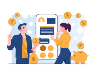 Kadın ve erkek, hareketli bankacılık uygulaması arayüzünü yüzen bozukluklarla, dijital tarzda, soyut noktalı arka planda tartışıyor. Çevrimiçi finansal planlama kavramı. Vektör illüstrasyonu