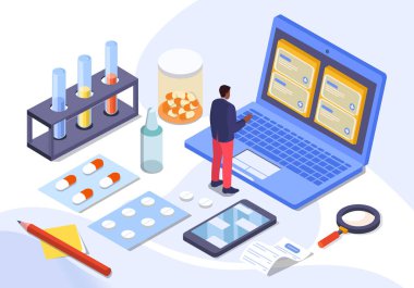 Laptopun başında durup ilaç, laboratuvar aletleri ve arka plandaki cihazlarla çevrili tıbbi verileri inceleyen bir adam. Çevrimiçi farmasötik araştırma kavramı. Vektör illüstrasyonu