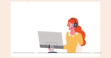 Merkezi ara. Mutlu kadın yardım hattı ya da müşteri desteği olan bayrak taşımak kullanıcı sorularını cevaplamak ve müşteri sorunlarını çözmek. Teknik destek. Düz grafik çizgi film