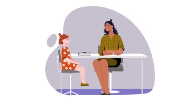 Psikolog çocukla iletişim kurar. Yetişkin bir uzmanla afiş taşıyarak küçük genç bir kızla zihinsel sorunları tartışıyor. Psikoterapist çocuklarla çalışır. Düz grafik çizgi film
