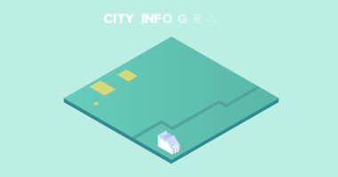 Şehir alanı bilgi grafikleri. Şehir manzaralı, iş yeri, banliyö ve endüstriyel parçaları olan bir pankart. Şehir mimarisi, modern kasabanın inşası ve planı. Isometric 3D grafik çizgi film