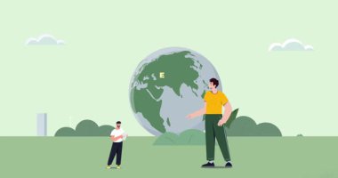 ESG ve sürdürülebilir yaşam tarzı. Büyük gezegenin ve alternatif enerji kaynaklarının yanında duran adamlarla sancak taşıyorlar. Ekolojik farkındalık ve doğa ve çevre için bakım. Düz grafik çizgi film