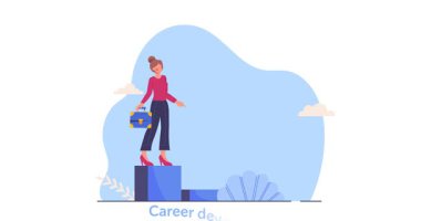 Kariyer geliştirme. Başarı ve hedeflere ulaşmak için kariyer basamaklarını tırmanmaya çalışan hırslı kadın girişimcilerle dolu hareketli bir pankart. Profesyonel becerilerin gelişimi. Düz grafik çizgi film