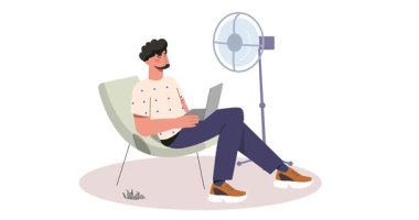 Soğutma cihazları çalışıyor. Uzaktan kumandalı bir çalışanın olduğu afiş, pervanenin önünde oturmak, dizüstü bilgisayarla çalışmak ve sıcak havadan rahatsız olmak. İş yerinin serinlemesi. Düz grafik çizgi film