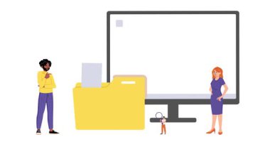 Ofis çalışanları dosyaları araştırıp indeksledi. Bilgisayardaki klasörleri yöneten kadın ve erkekle afiş taşımak. Belgeleri ve medyayı göster. Düz grafik çizgi film