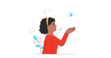 Akıl ve davranış. Elinde küplerle gülümseyen bir kadının afişi. Yapısal zihin yapısına sahip bir karakter. Psikoloji ve Düşünme. Düz grafik çizgi film