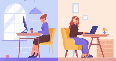 Ofis eve karşı. Serbest çalışan ve büyük bir şirketin çalışanı için yapılan uzaktan kumanda karşılaştırması. Evde ve ofiste çalışan esnek programlı bir karakter. Düz grafik çizgi film