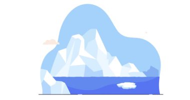 İklim değişikliği. Buzdağının eriyen adasında duran penguenli bayrak. Küresel ısınma ve Kuzey Kutbu ve Antarktika buzullarının erimesi. Çevresel sorunlar. Düz grafik çizgi film