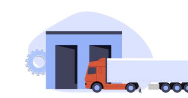 Tedarik zinciri. Kamyondan sipariş kutularını boşaltan kuryeli afiş taşıyordu. Küresel lojistik. Paket teslimatı ve uluslararası ulaşım. Düz grafik çizgi film