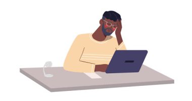 Soğutma cihazları çalışıyor. Erkek çalışanın dizüstü bilgisayarda çalıştığı ve yüksek hava sıcaklığından muzdarip olduğu afişler. Karakter, hayranlarının yardımıyla sıcak havadan kaçar. Düz grafik çizgi film