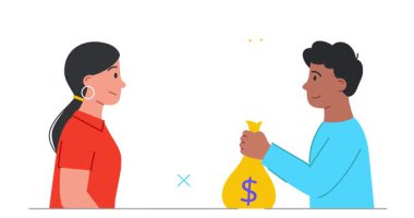 İnsanlar zamanla etkileşir. Erkek girişimcilerle pankart taşıyarak çalışanların çalışma saatleri karşılığında para takas ediyorlar. Zaman eşittir para. İş planlama ve verimlilik. Düz grafik çizgi film