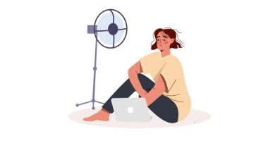 Soğutma cihazları çalışıyor. Sıcak ve yüksek hava sıcaklığından muzdarip bayrak, vantilatörün yanında oturup dizüstü bilgisayarla çalışıyor. İş yerinin serinlemesi. Düz grafik çizgi film