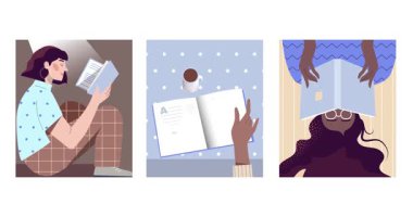 Edebiyat aşkı. İlginç kitaplar okuyan mutlu karakterli posterleri taşımak. Eğlence ya da hobi. Eğitim, bilgi edinme ve zaman geçirme. Düz grafik çizgi film