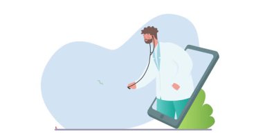 Çevrimiçi Tıp. Hamile bir kadına danışmak için terapistle ya da jinekologla afiş taşımak. Uzaktan sağlık ve teletıp hizmeti. Hastaların teşhisi ve tedavisi. Düz grafik çizgi film