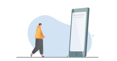 Çevrimiçi Tıp. Hasta hastalıklarını tedavi etmek için ilaç ve hap tutan bir eczacı ya da terapistle afiş taşıyordu. Uzaktan sağlık ve teletıp hizmeti. Düz grafik çizgi film