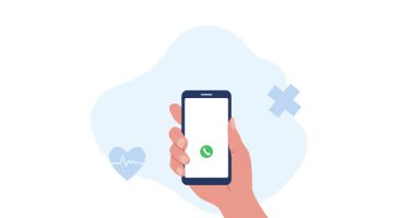 Doktorla çevrimiçi istişare. Hasta telefonu tutarken afiş taşımak ve terapistle uzaktan iletişim kurmak. Modern sağlık ve teletıp hizmeti. Düz grafik çizgi film