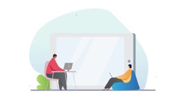 Eğitici web semineri. Bir grup öğrencinin dijital cihazda online webinar dinlemesi ve çevrimiçi kurslarda bilgi edinmesi. Mesafe öğrenme. Düz grafik çizgi film