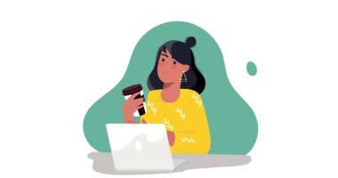 Yeni bir fikri olan bir işçi. Düşünceli kadın ofis çalışanı afişi taşıyarak iş için yeni yaratıcı çözümler üretiyor. Beyin fırtınası ve ilham. Düz grafik çizgi film