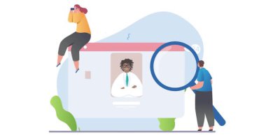 Çevrimiçi Tıp. İnternet sitesinden doktorlarını seçen hastalarla afiş taşıyorlar. Uzaktan sağlık ve teletıp hizmeti. Sanal doktorla görüşmeler. Düz grafik çizgi film