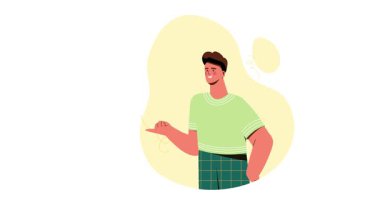 İş etkinliği sahnesi. Erkek ofis çalışanı afişi taşıyarak iş için yeni yaratıcı fikirler üretmek. Beyin fırtınası ve hayal gücü. Ampullü karakter. Düz grafik çizgi film