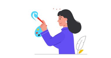 Akıl ve davranış. Elinde fırça ve paletle gülümseyen mutlu bir kadının olduğu hareketli pankart. Yaratıcı zihinsel yapıya sahip bir karakter. Psikoloji ve Düşünme. Düz grafik çizgi film