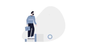 Kariyer geliştirme. Erkek ofis çalışanının hedefine tırmandığı afiş. Hırslı girişimci, iş hedeflerine ve başarıya ulaşmak için becerilerini geliştiriyor. Düz grafik çizgi film