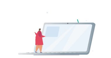 Eğitici web semineri. Dişi öğretmenin dizüstü bilgisayardaki öğrencilere ders konusunu açıkladığı afiş. Çevrimiçi webinar veya rota. Mesafe çalışması. Düz grafik çizgi film